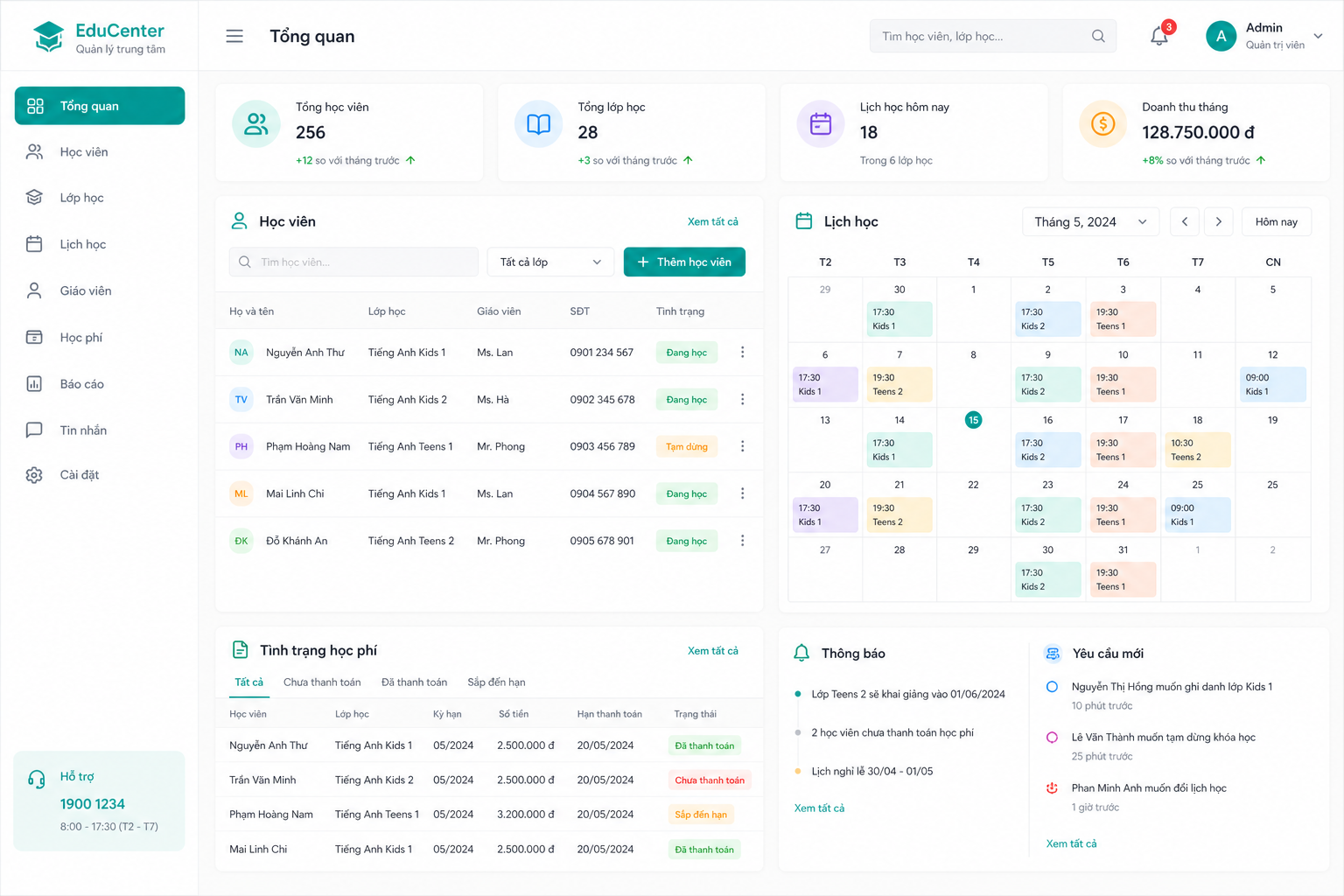 Demo phần mềm quản lý trung tâm — bấm phóng to